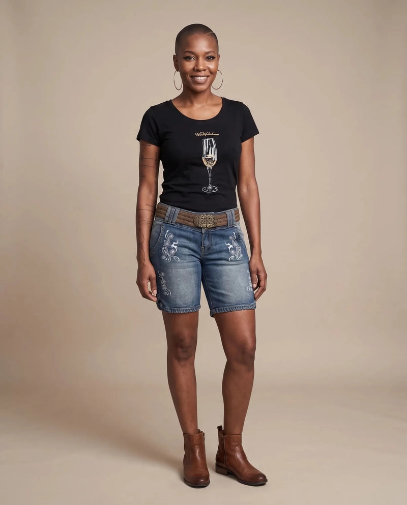 DOROTHEA LONGSHORT DENIM Damen-Hose Denim am Model, Vorderansicht – Hangowear