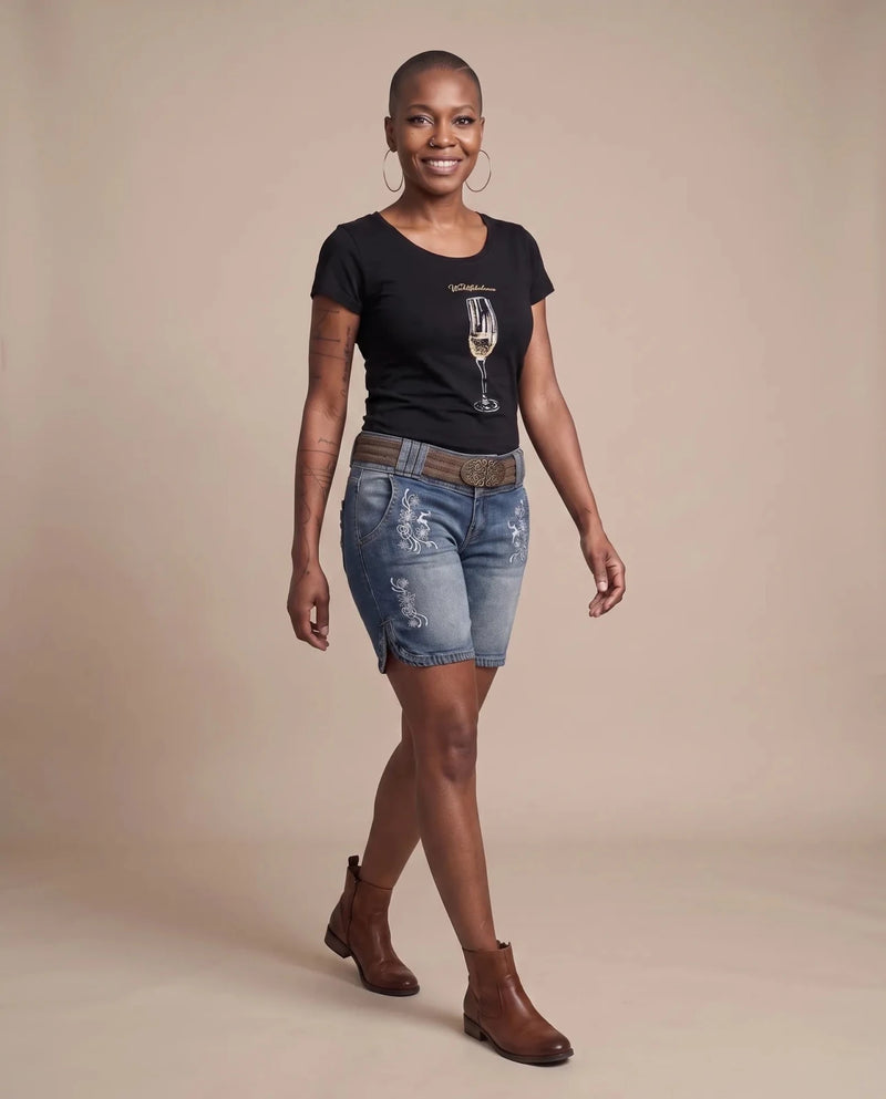 DOROTHEA LONGSHORT DENIM Damen-Hose Denim am Model in Bewegung – Hangowear