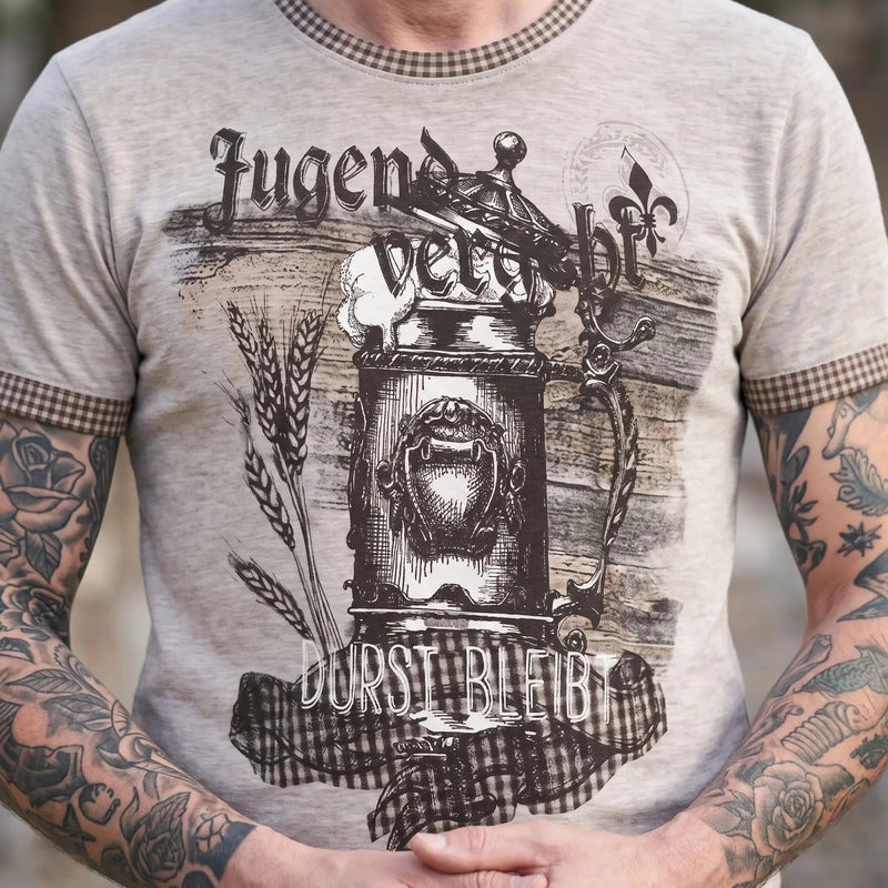 DURST BLEIBT Herren-Shirt Grau Druckdetail am Model – Hangowear