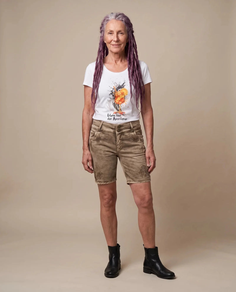 HENDRINA LONG-SHORT Damen-Hose Schlamm am Model, Vorderansicht – Hangowear
