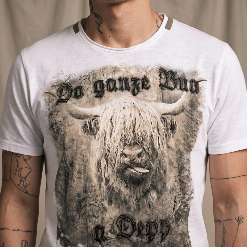 MERLIN Herren-Shirt Weiß Druckdetail am Model – Hangowear
