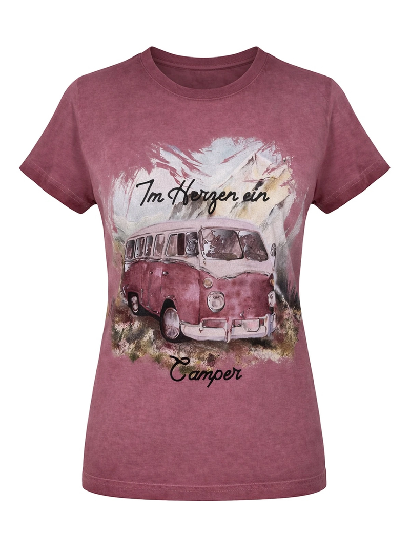 MILLA ROT Damen-T-Shirt Weinrot mit Campingbus-Print Vorderansicht – Hangowear