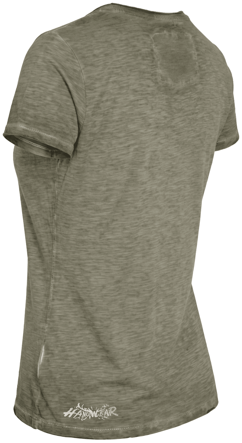 MILVA Damen-Shirt Dunkelgrün Rückansicht in Trageform – Hangowear