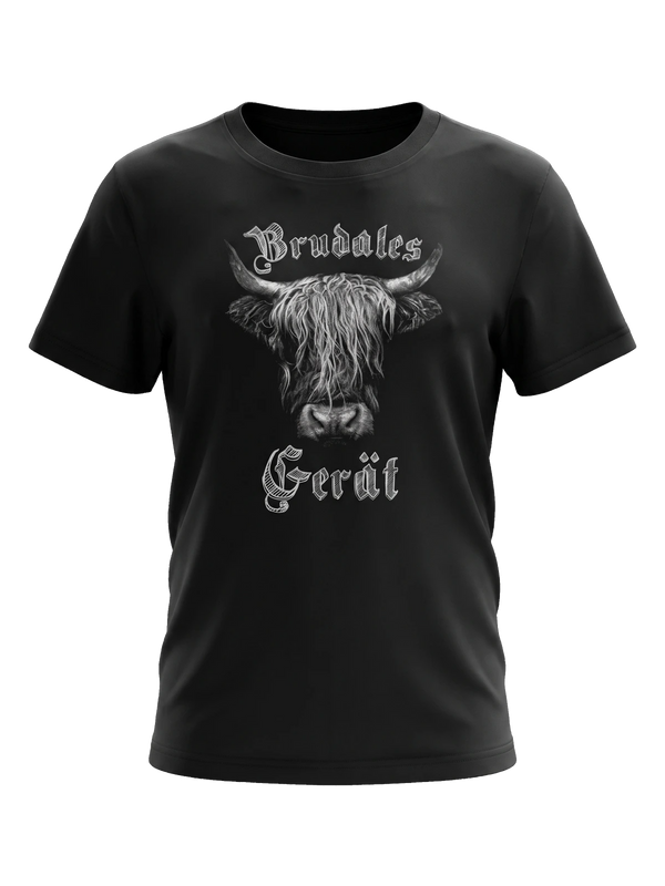 MONTY KIDS Kinder T-Shirt Schwarz Hochlandrind-Print Vorderansicht – Hangowear