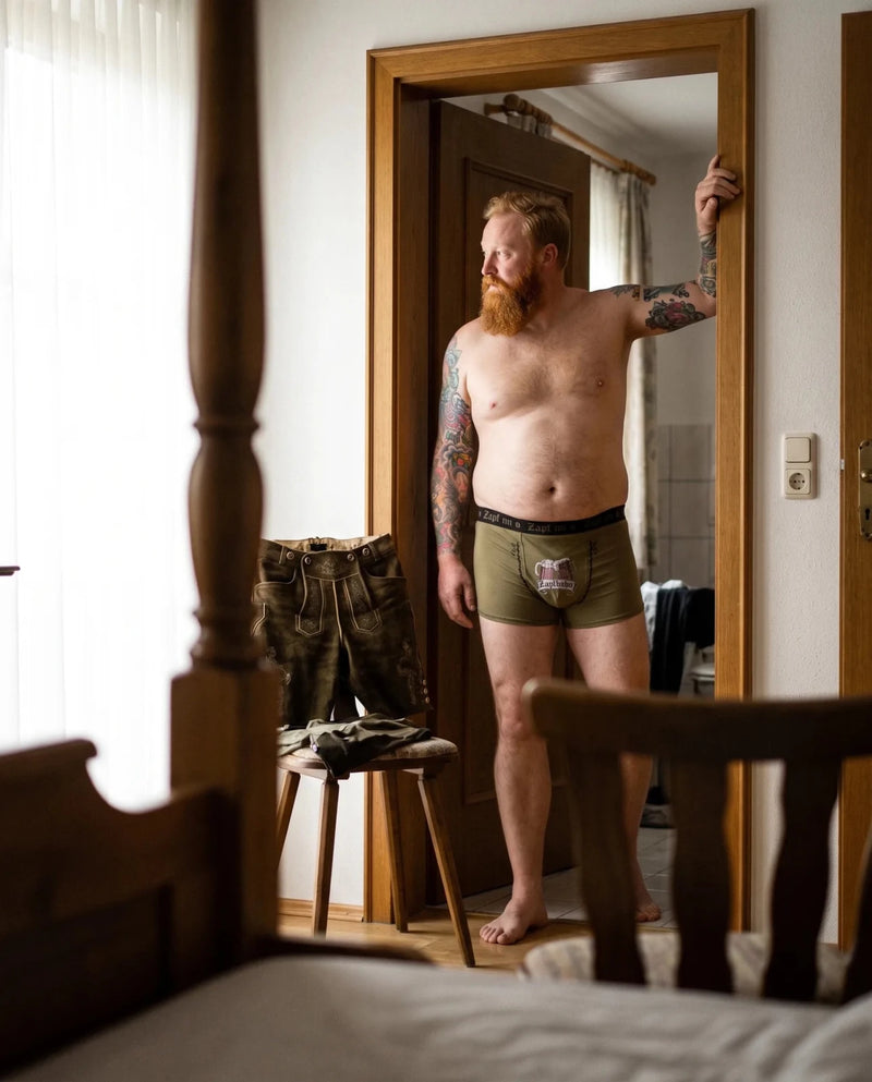 ZAPFHAHN Herren-Wäsche Oliv am Model in der Zimmertür – Hangowear