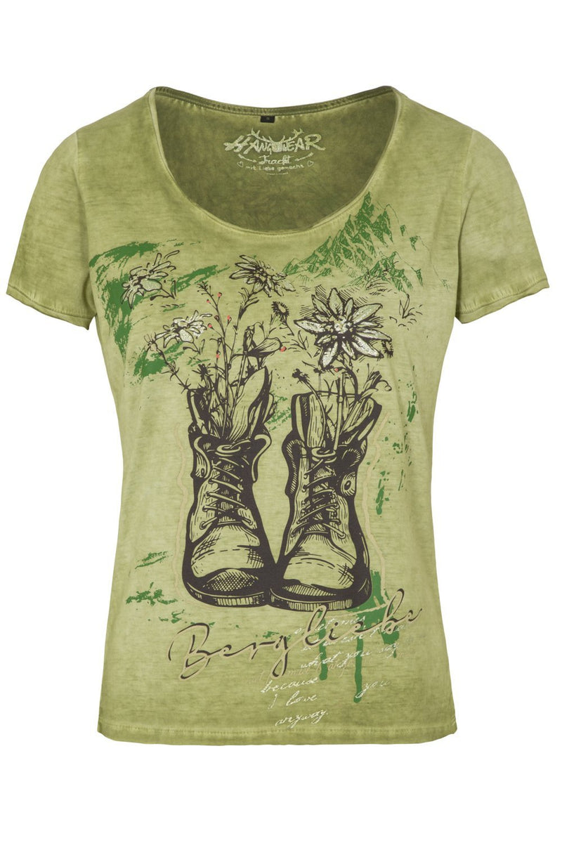 Hangowear WIARA Trachten-Shirt Damen Salbei – Kurzarm Shirt mit Bergliebe Alpenmotiv für Volksfest
