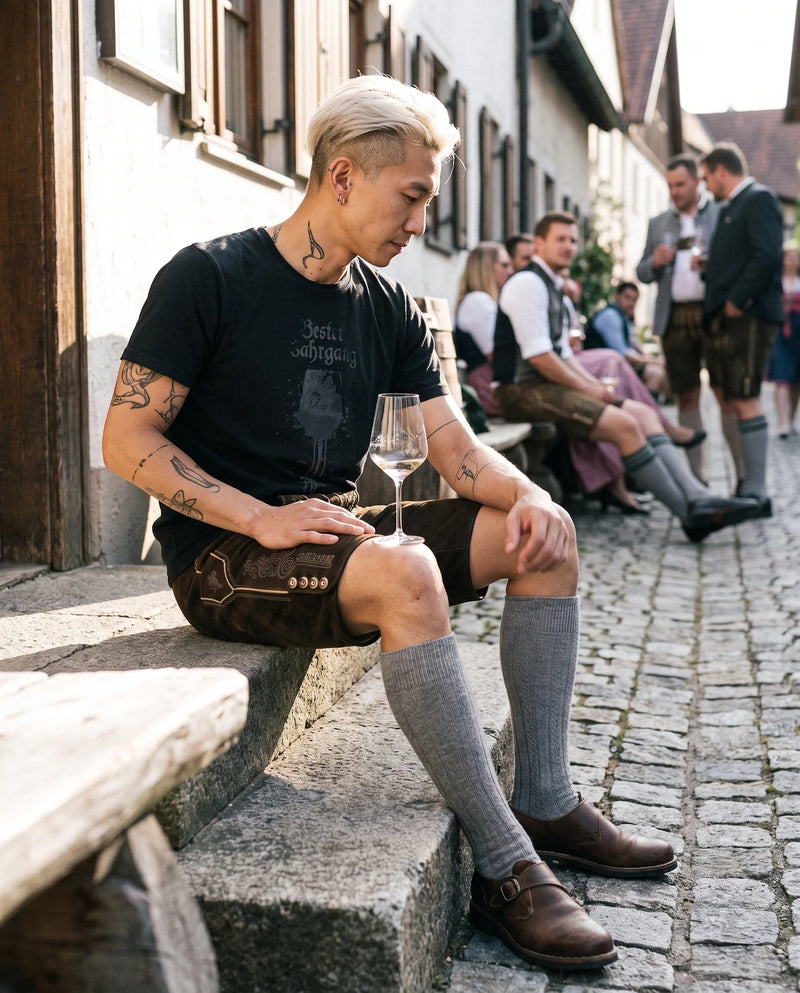 BESTER JAHRGANG Herren-Shirt Schwarz am Model vor dem Wirtshaus – Hangowear