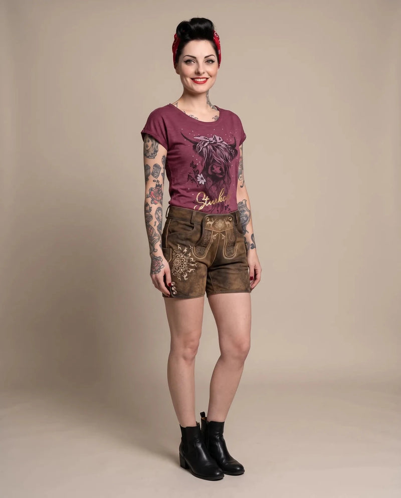 BRONJA Damen-Shirt Weinrot am Model, Vorderansicht – Hangowear