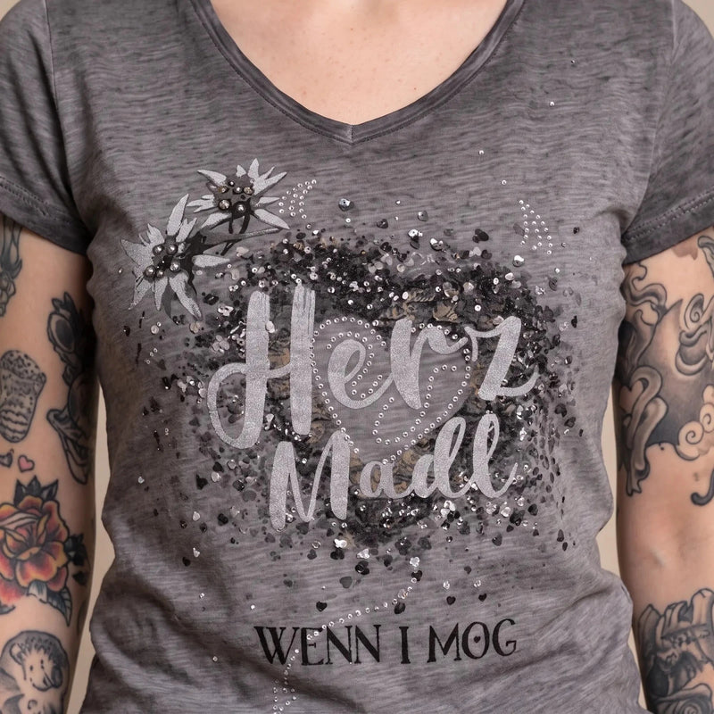 DOTTIE Damen-Shirt Grau Druckdetail am Model – Hangowear