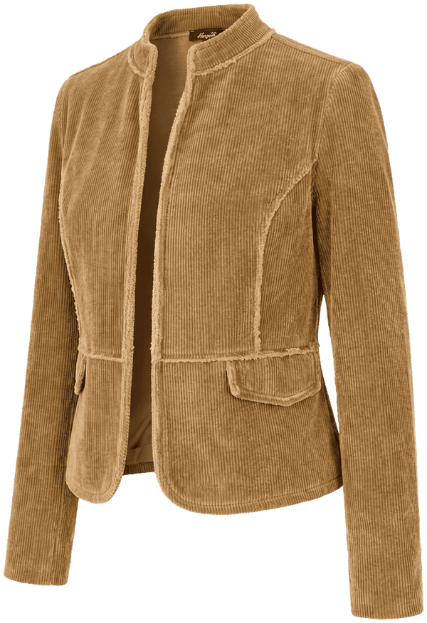 FIRENZE CORD Damen-Jacke Hellbraun Vorderansicht in Trageform – Hangowear