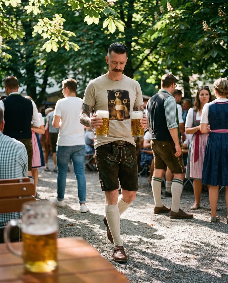 MARINO Herren-Shirt Beige am Model im Biergarten – Hangowear