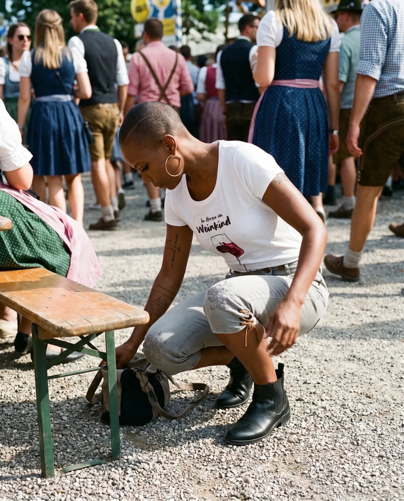OVIDA KNIEBUND Damen-Hose Hellgrau am Model am Biergartentisch – Hangowear