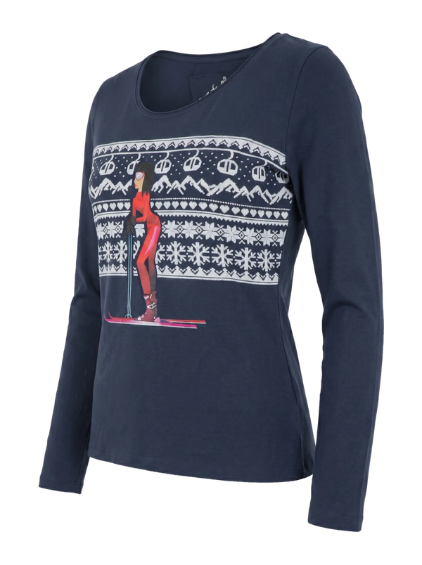 SUCHE SKILEHRA Damen-Langarmshirt Dunkelblau Vorderansicht in Trageform – Hangowear