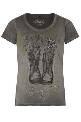WIARA Trachtenshirt Damen Grau – Hangowear Kurzarm Shirt mit Bergliebe Print für Trachtenmode